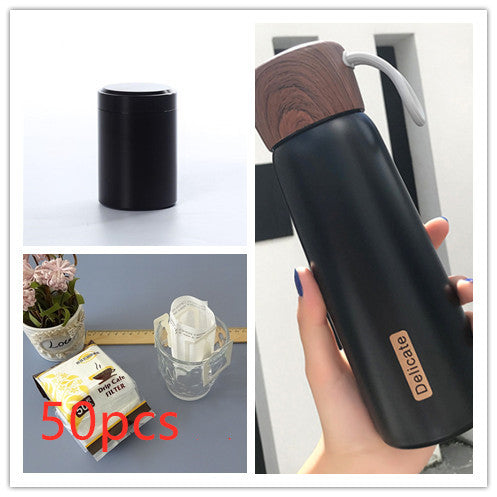 Portable Water Cup Student Creative Wood Grain Lid Handle Thermos