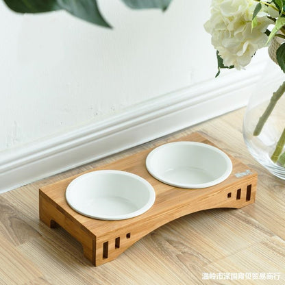 Solid Wood Frame Rice Bowl Ceramic Bowl Cat Food Bowl Pet Food Bowl