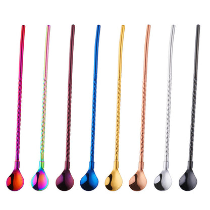 Stainless Steel Threaded Long Handle Straw Spoon Integrated Dual-purpose