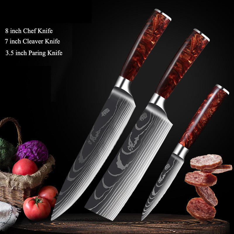 Red Resin Handle Damascus Laser Pattern Set Kitchen Knife