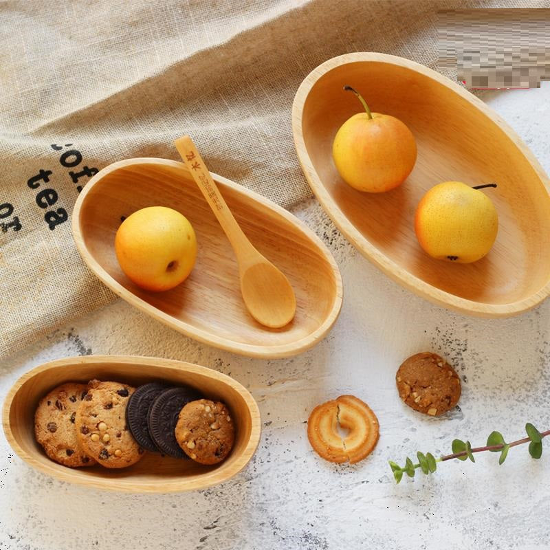 Rubber Wood Boat-shaped Oval Wooden Bowl Snack Breakfast Salad